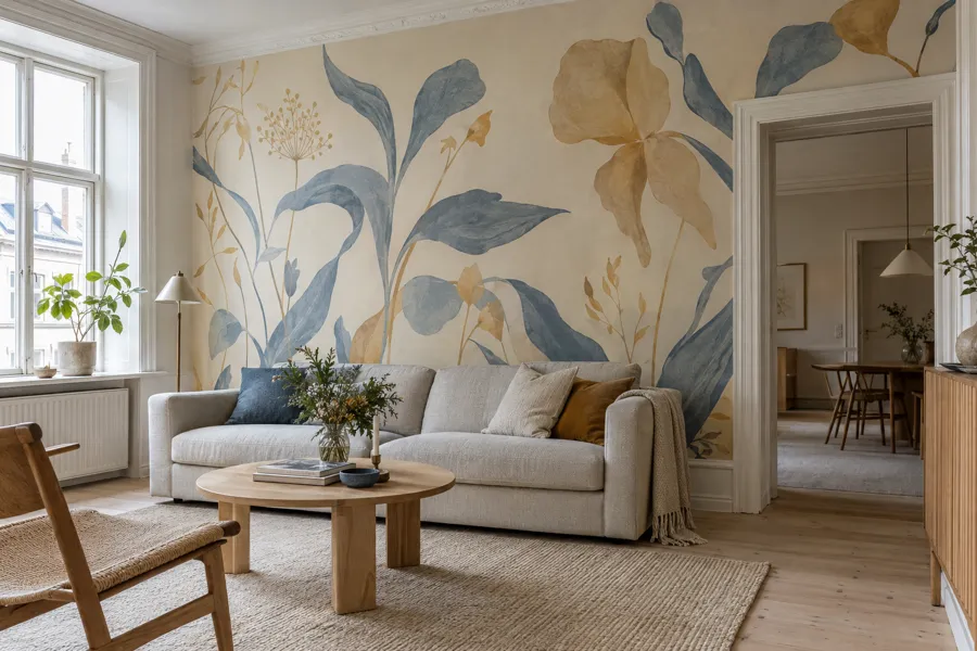 Hand-painted botanical mural on a living room wall