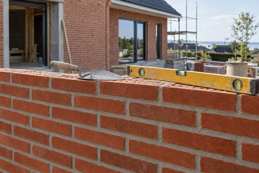 New red brick wall with trowel and spirit level