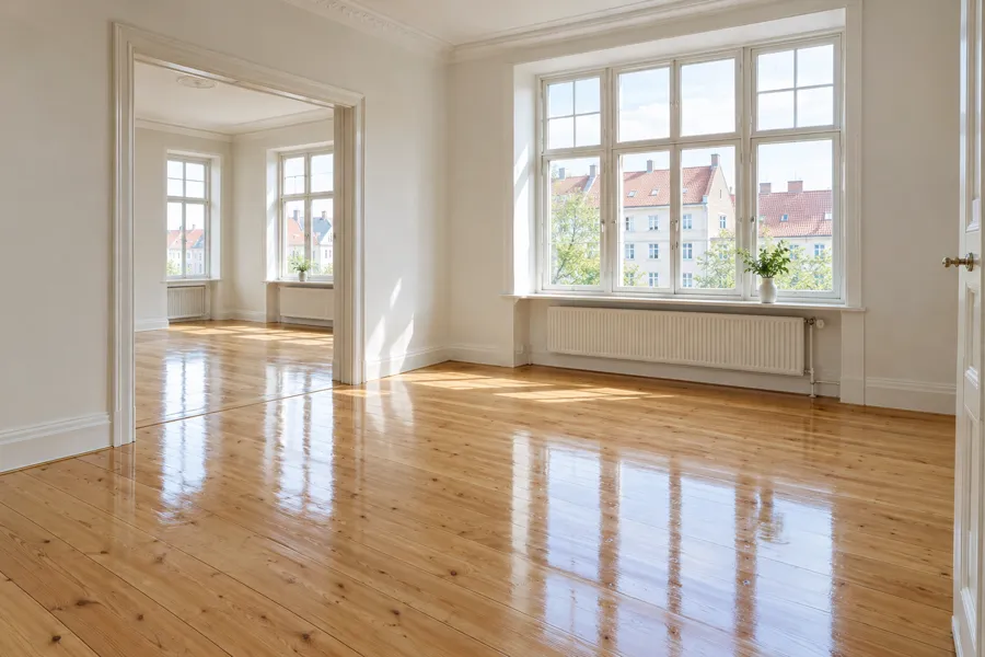 Sanded and varnished oak plank floor