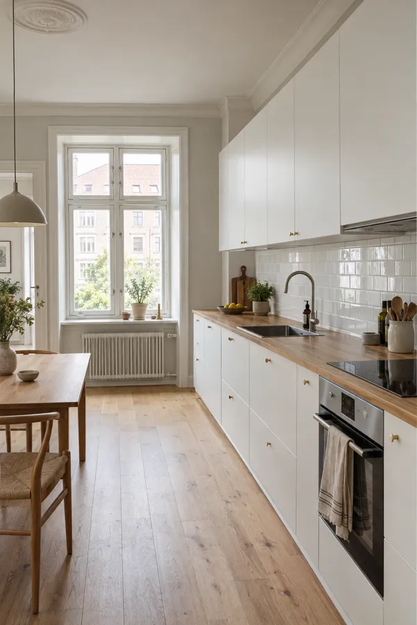 Renovated kitchen with white cabinets and oak countertop