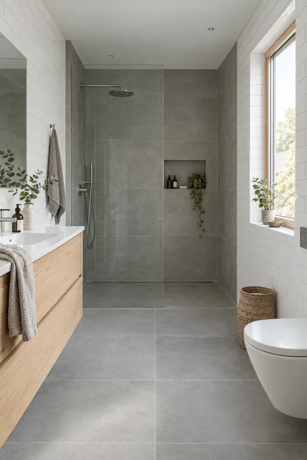 Newly tiled modern bathroom with walk-in shower