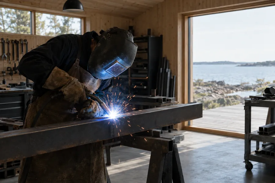 Welder welding a steel beam with sparks